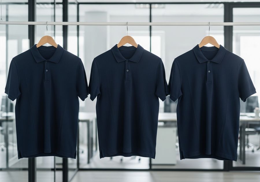 Blank navy polo shirts on hangers ready for a branded team store