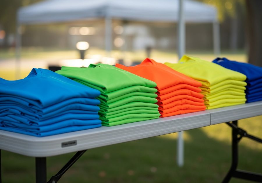 Stacks of blank colored event shirts ready for printing