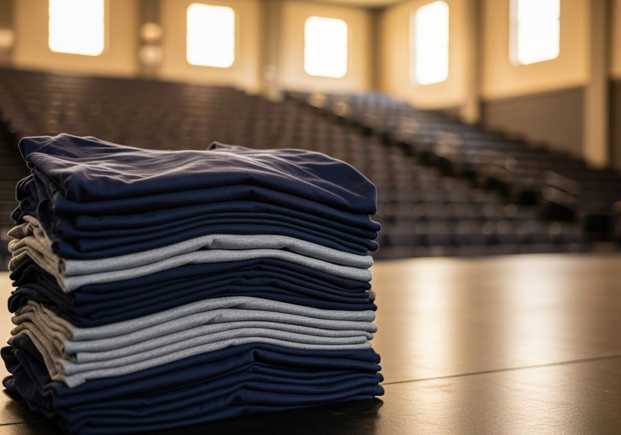 Stacked blank shirts in a school auditorium