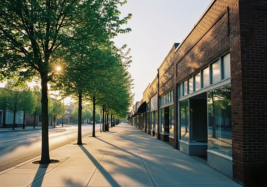 Small coastal North Carolina main street on a clear morning