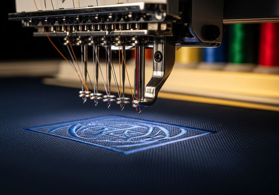 Commercial embroidery machine stitching a logo onto a polo shirt