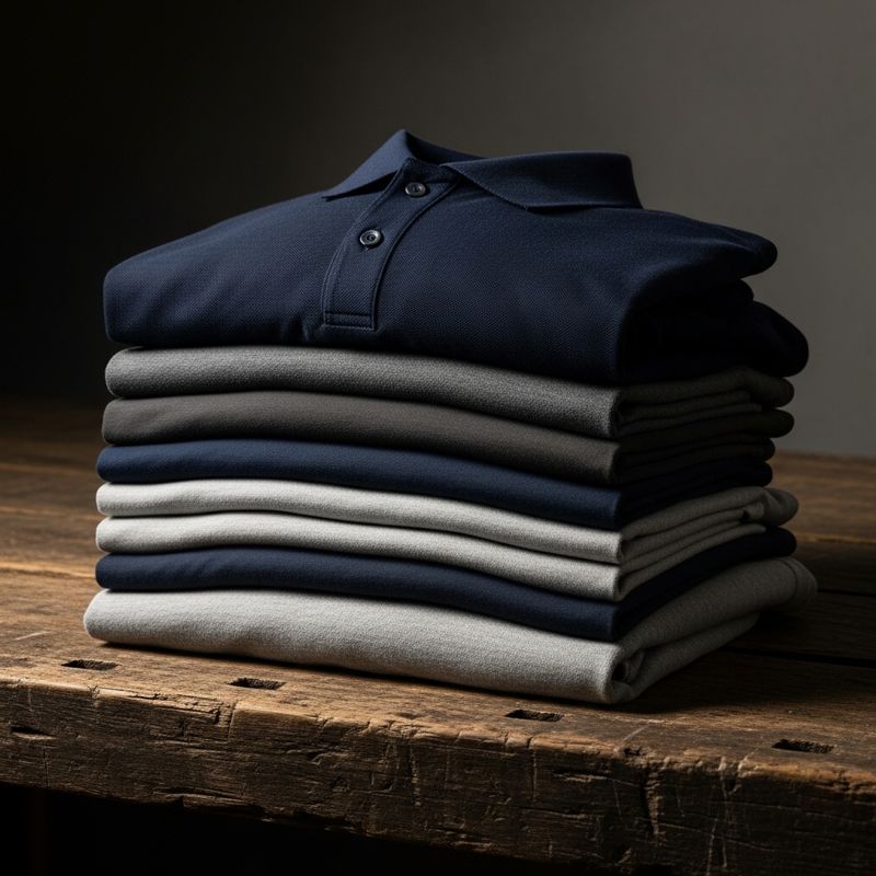 Folded stack of blank navy and grey polo shirts on a workbench at ProImage