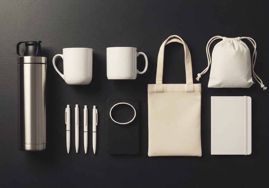 Blank promotional products including tumblers, mugs, tote bags and pens ready for branding