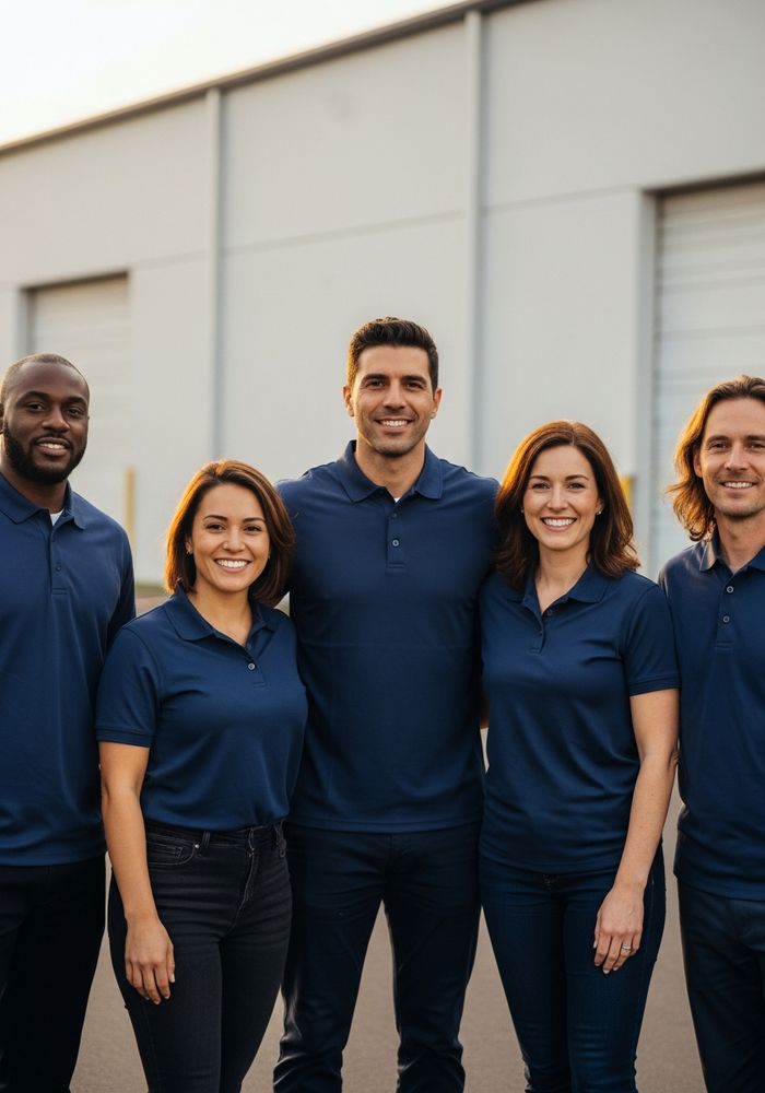 Group of coworkers wearing matching plain navy branded polo shirts